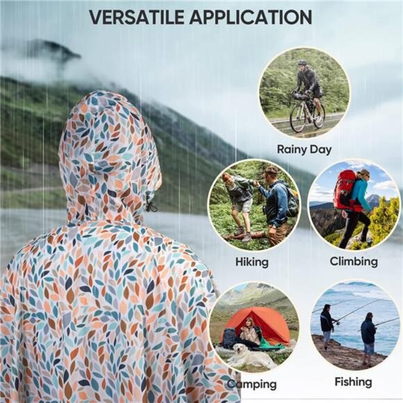 Hooded Rain Poncho for Adult with Pocket, Waterproof Lightweight Unisex - Picture 6 of 7